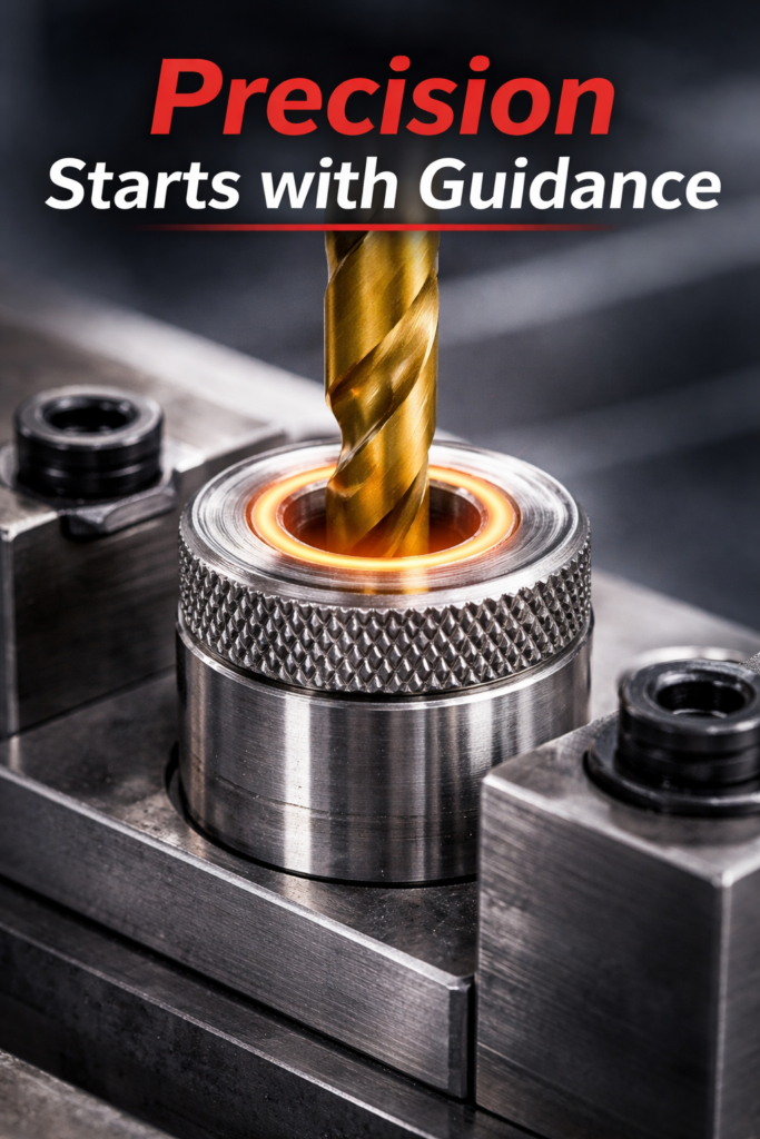 Close-up of a drill bit entering a precision drill bushing in a metal fixture, highlighting accurate hole alignment and guided drilling in manufacturing.