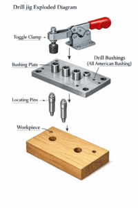 Drill jig exploded diagram showing bushing plate, toggle clamp, locating pins, and workpiece — All American Bushing
