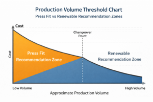 Production volume decision chart for selecting press fit vs renewable drill bushings — All American Bushing
